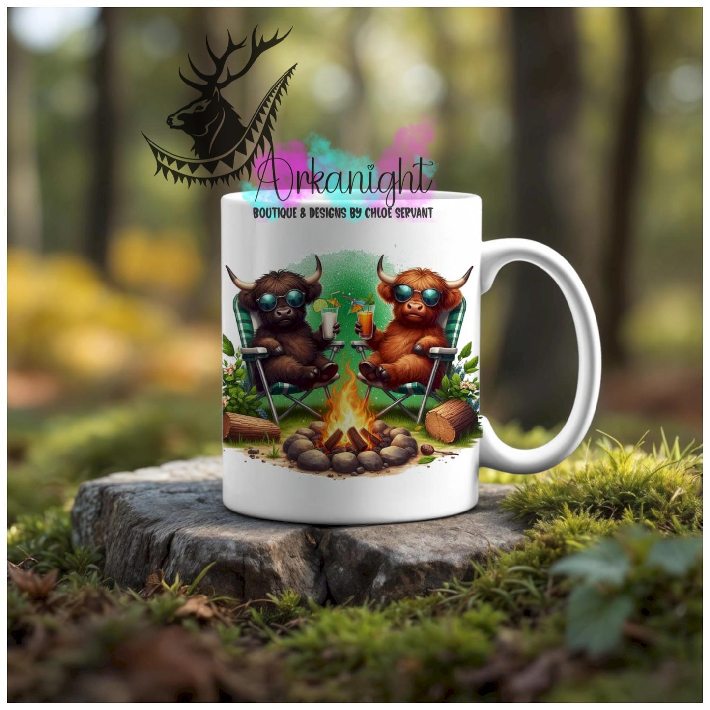 Numérique - Tasse en céramique - Collection Illustration Vache Métiers & Occupations - Vache Highland Noir & Rousse - Camping - Teinte de vert