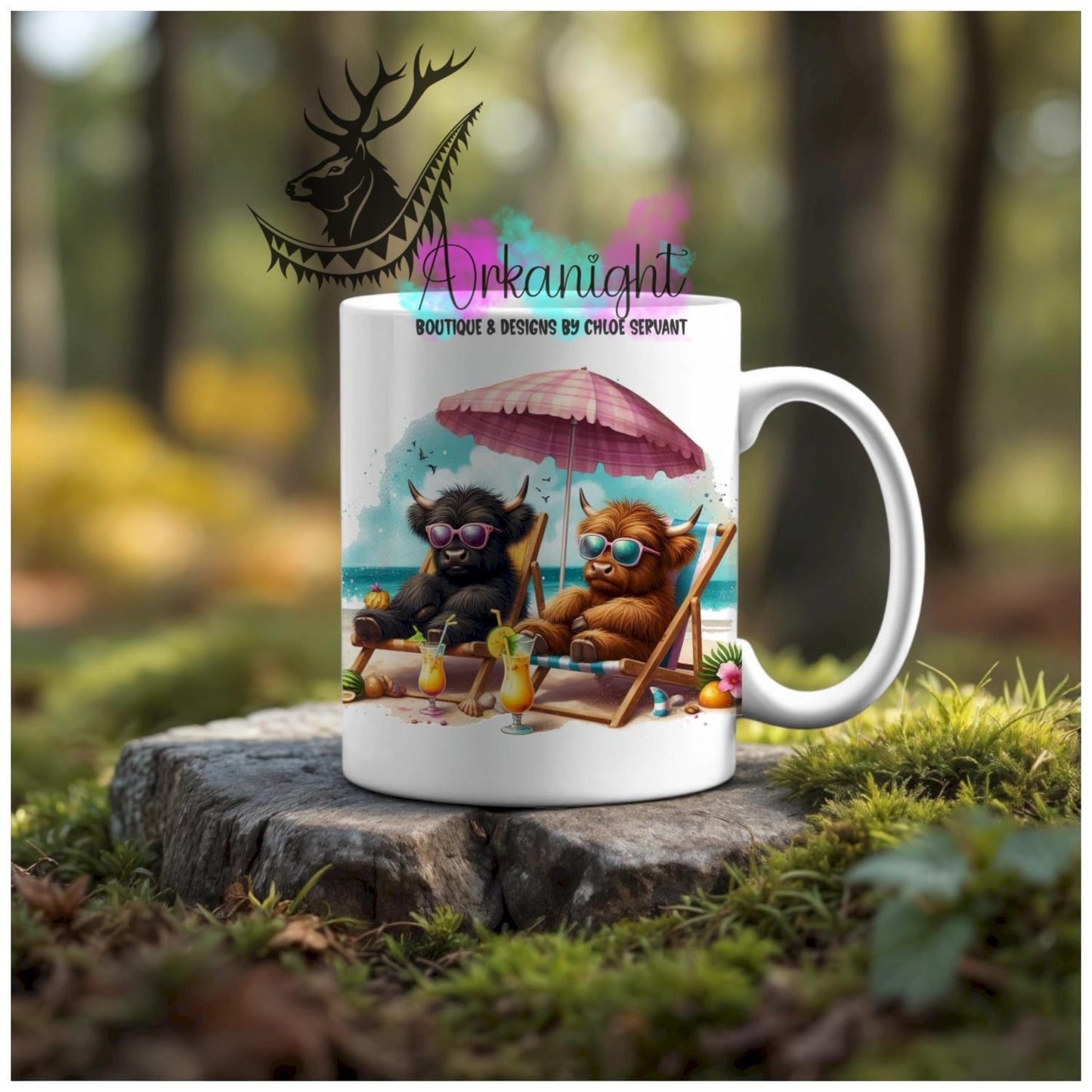 Numérique - Tasse en céramique - Collection Illustration Vache Métiers & Occupations - Vache Highland Noir & Rousse- À la plage - 03