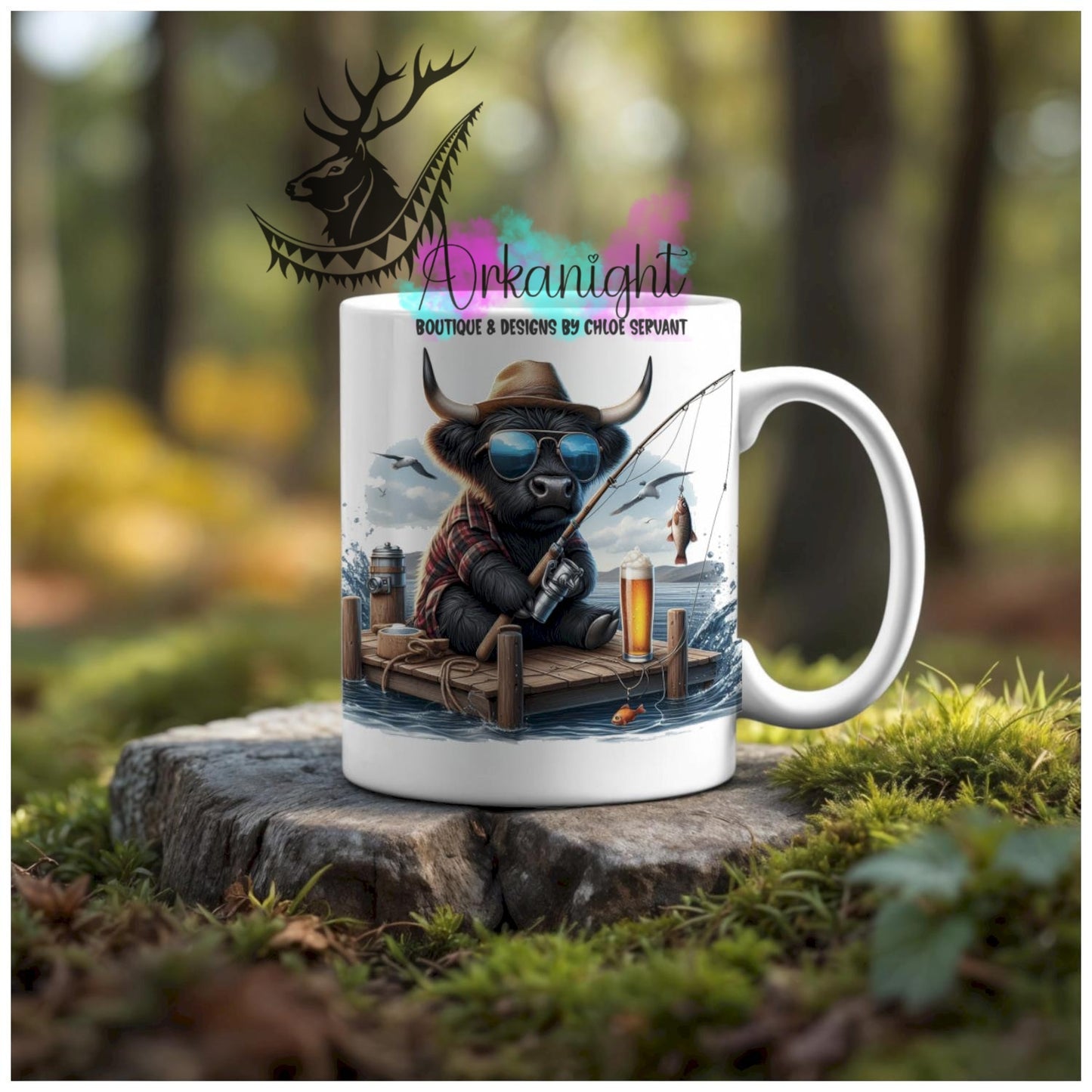 Numérique - Tasse en céramique - Collection Illustration Vache Métiers & Occupations - Vache Highland Noir - Pêche - Teinte Bleu - 02