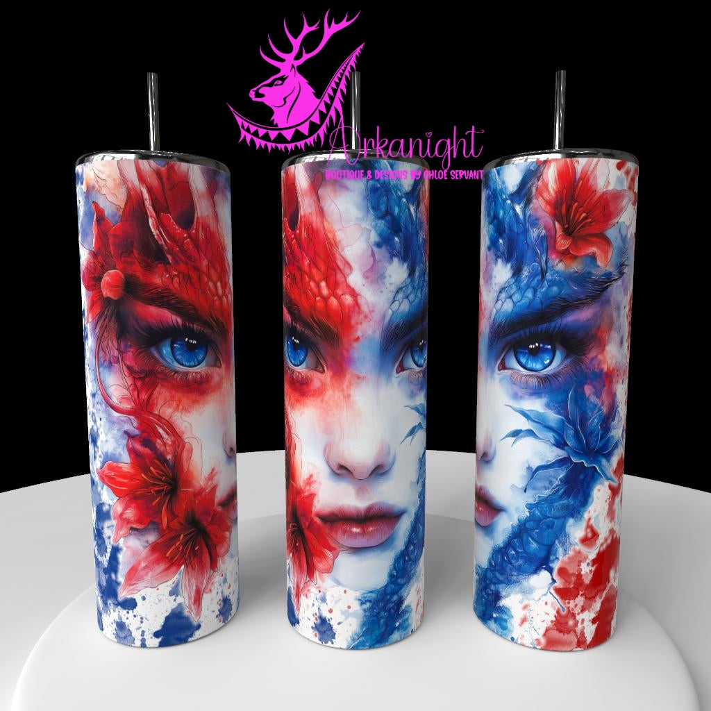 Gourde sur commande - Collection Fantaisie 2026 - Mi-Femme Mi-Dragon - Bleu Royale & Rouge Vif