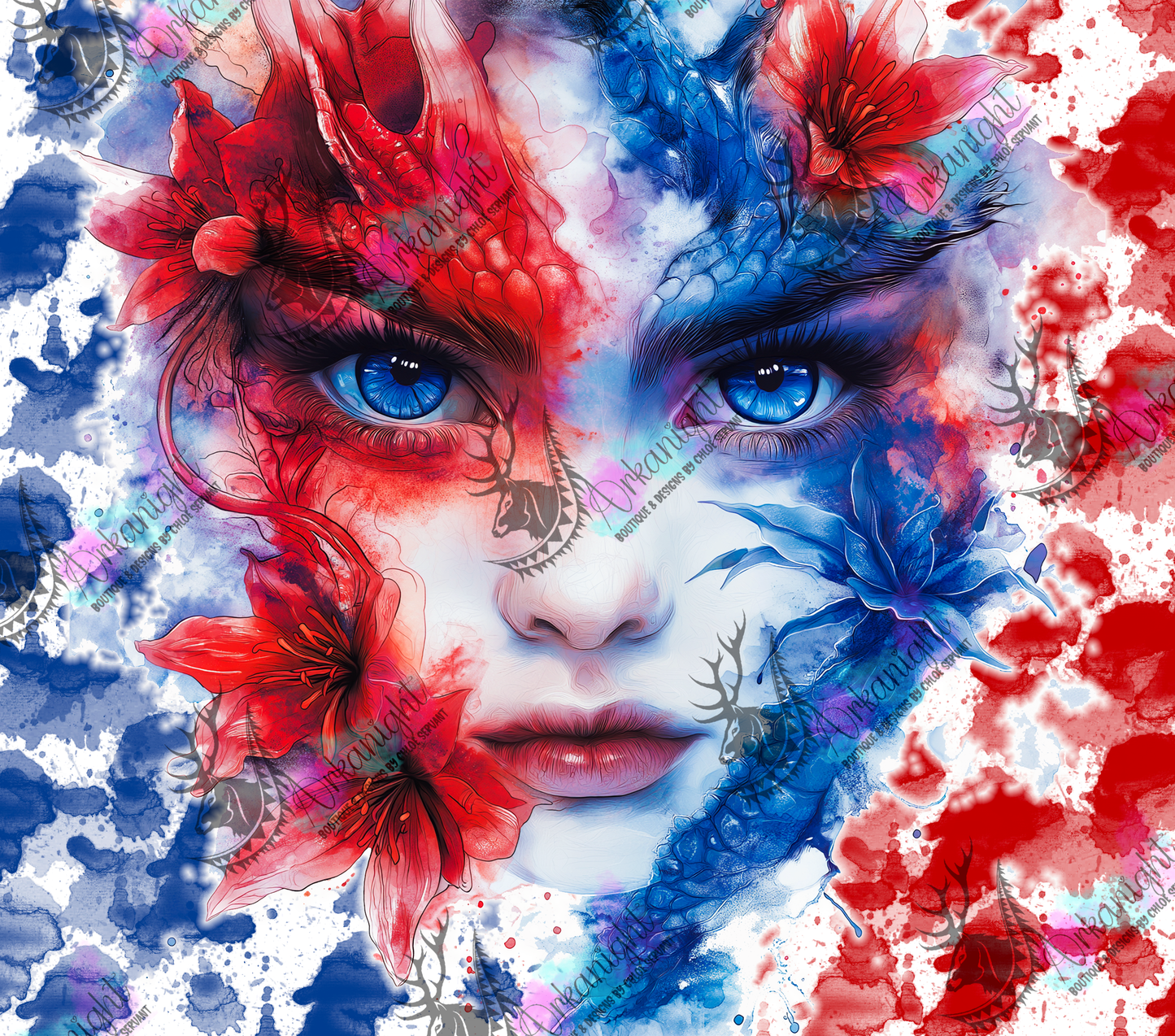 Numérique - Collection Fantaisie 2026 - Mi-Femme Mi-Dragon - Bleu Royale & Rouge Vif