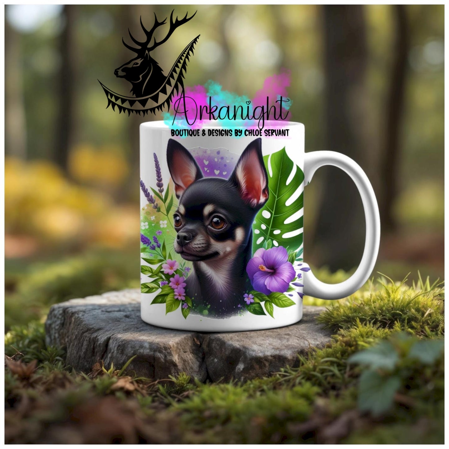 Numérique - Tasse en céramique - Collection Monstera & Animaux - Chien Chihuahua Noir & tan