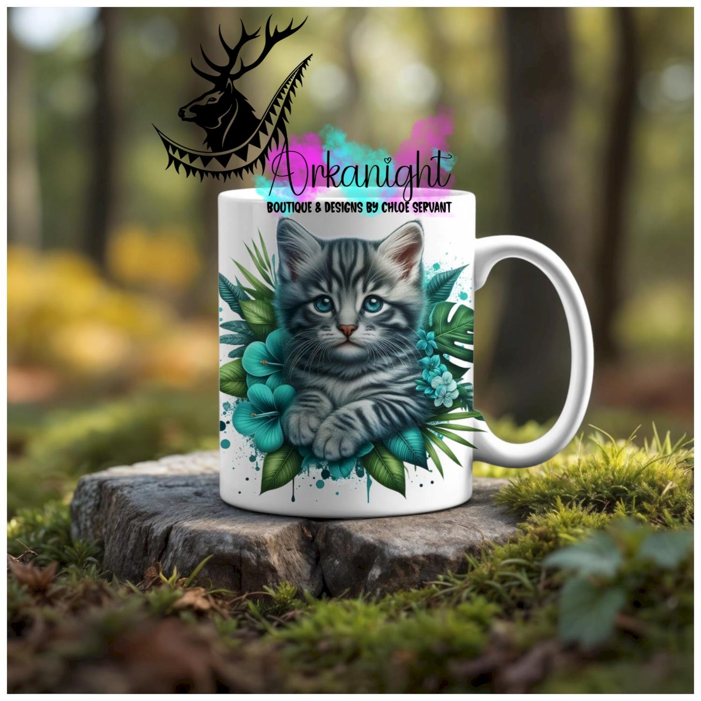 Numérique - Tasse en céramique - Collection Monstera & Animaux - Chaton Tigré gris