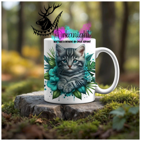 Numérique - Tasse en céramique - Collection Monstera & Animaux - Chaton Tigré gris