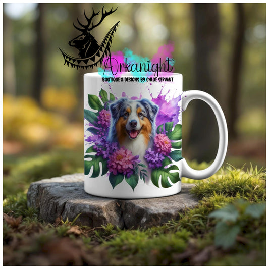 Numérique - Tasse en céramique - Collection Monstera & Animaux - Chien Berger Australien Bleu merle