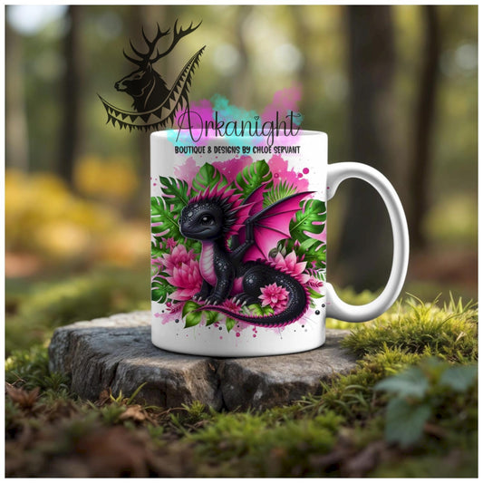 Numérique - Tasse en céramique - Collection Monstera & Animaux - Dragon Noir & rose Neon
