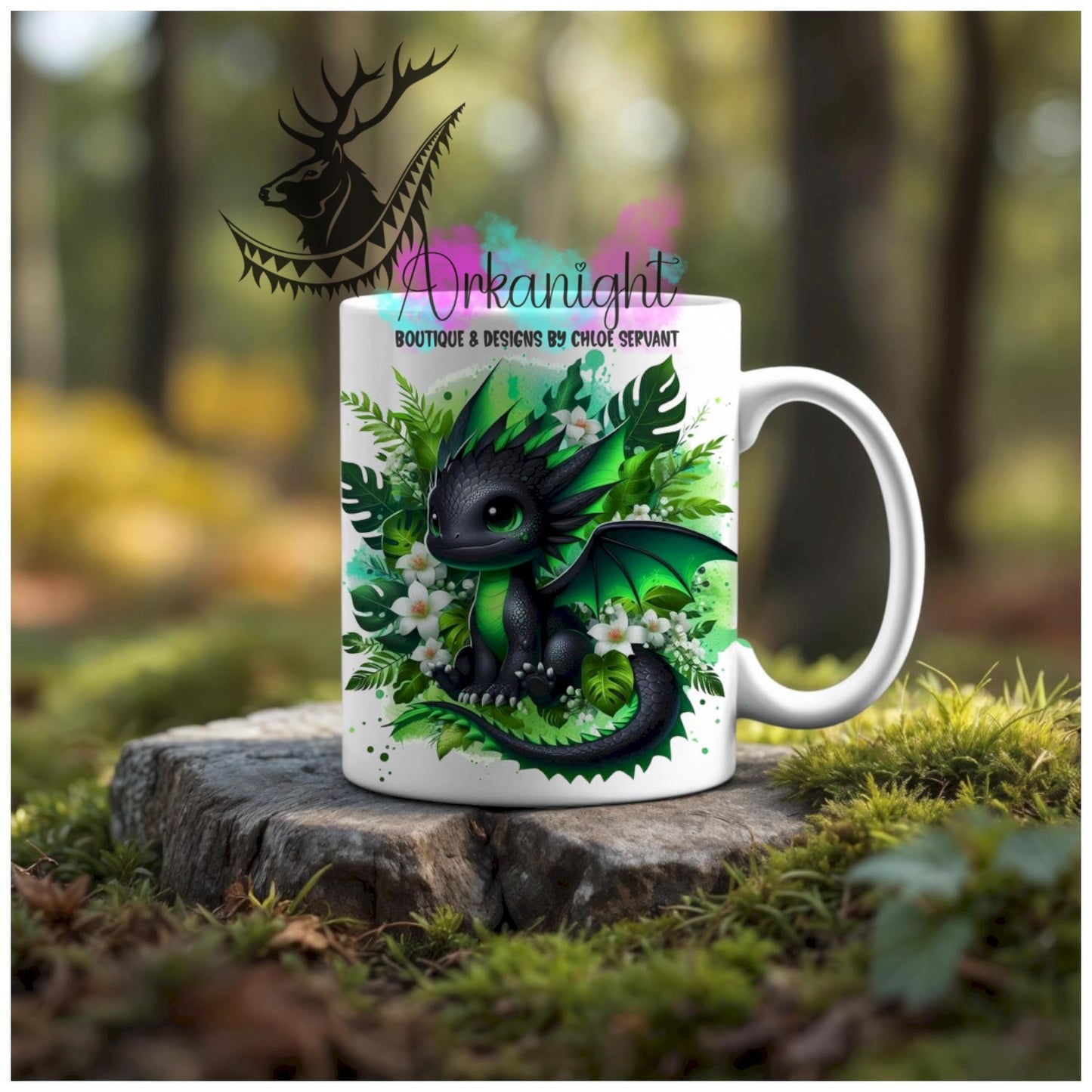 Numérique - Tasse en céramique - Collection Monstera & Animaux - Dragon Noir et Vert Neon