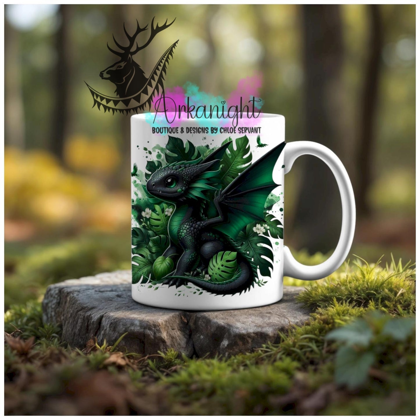 Numérique - Tasse en céramique - Collection Monstera & Animaux - Dragon Noir et Vert Forêt