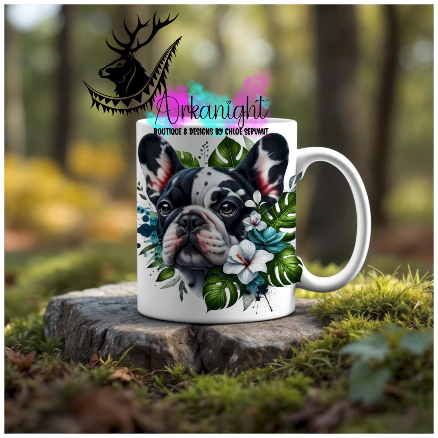 Numérique - Tasse en céramique - Collection Monstera & Animaux - Chien French Bulldog Arlequin