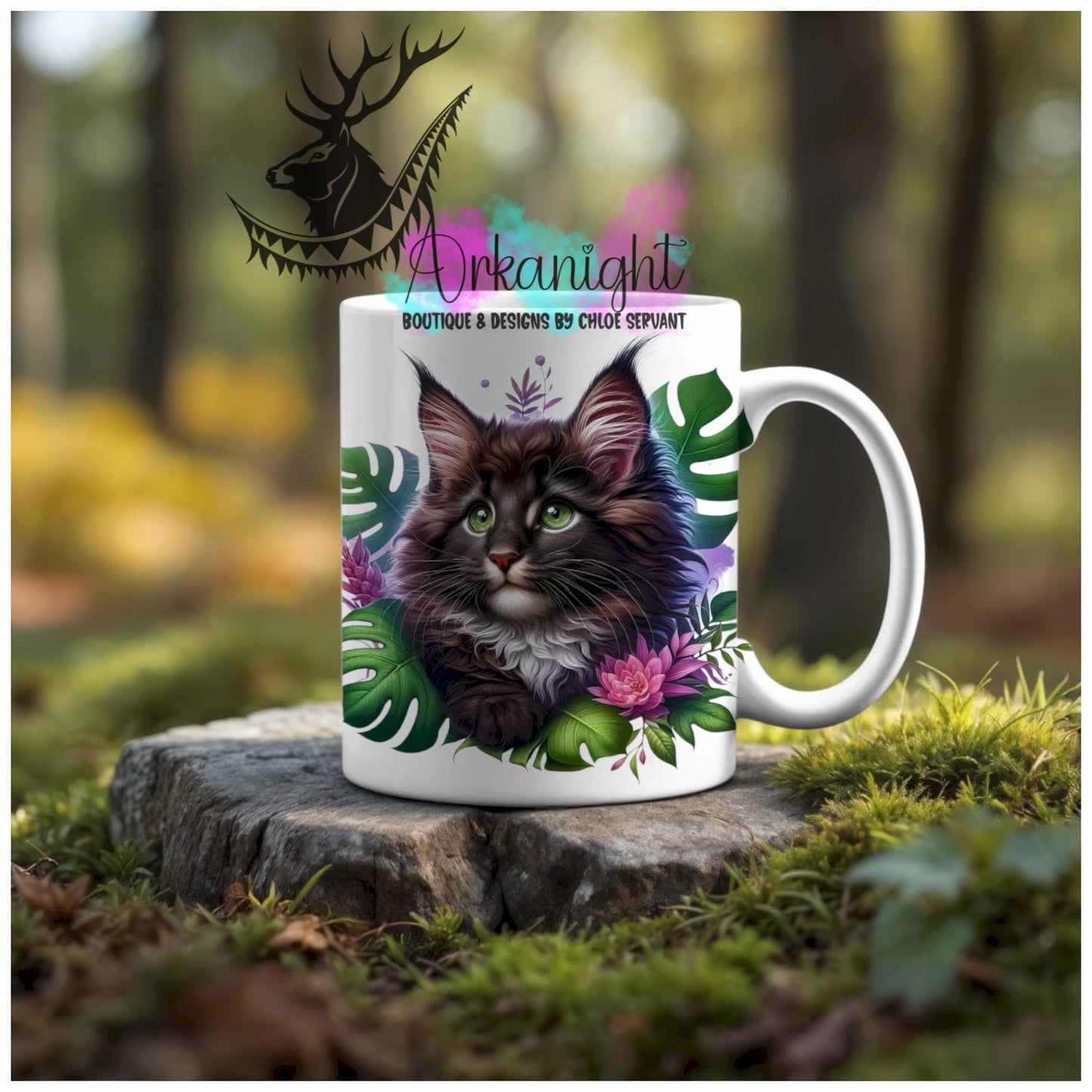Numérique - Tasse en céramique - Collection Monstera & Animaux - Chaton Mainecoon brun foncé