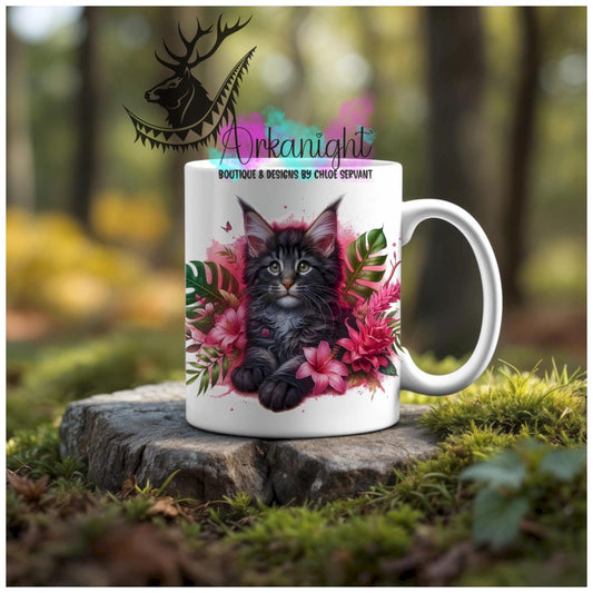 Numérique - Tasse en céramique - Collection Monstera & Animaux - Chaton Mainecoon Noir Tigré