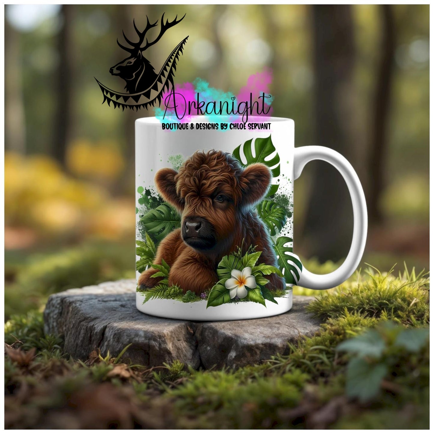Numérique - Tasse en céramique - Collection Monstera & Animaux - Bébé Vache Highland Brune