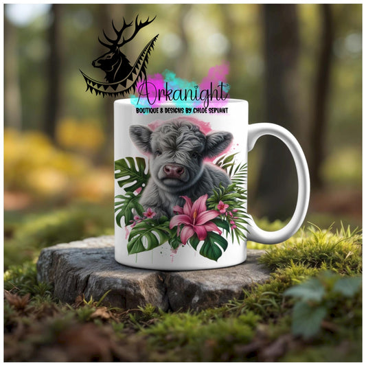 Numérique - Tasse en céramique - Collection Monstera & Animaux - Bébé Vache Highland Grise