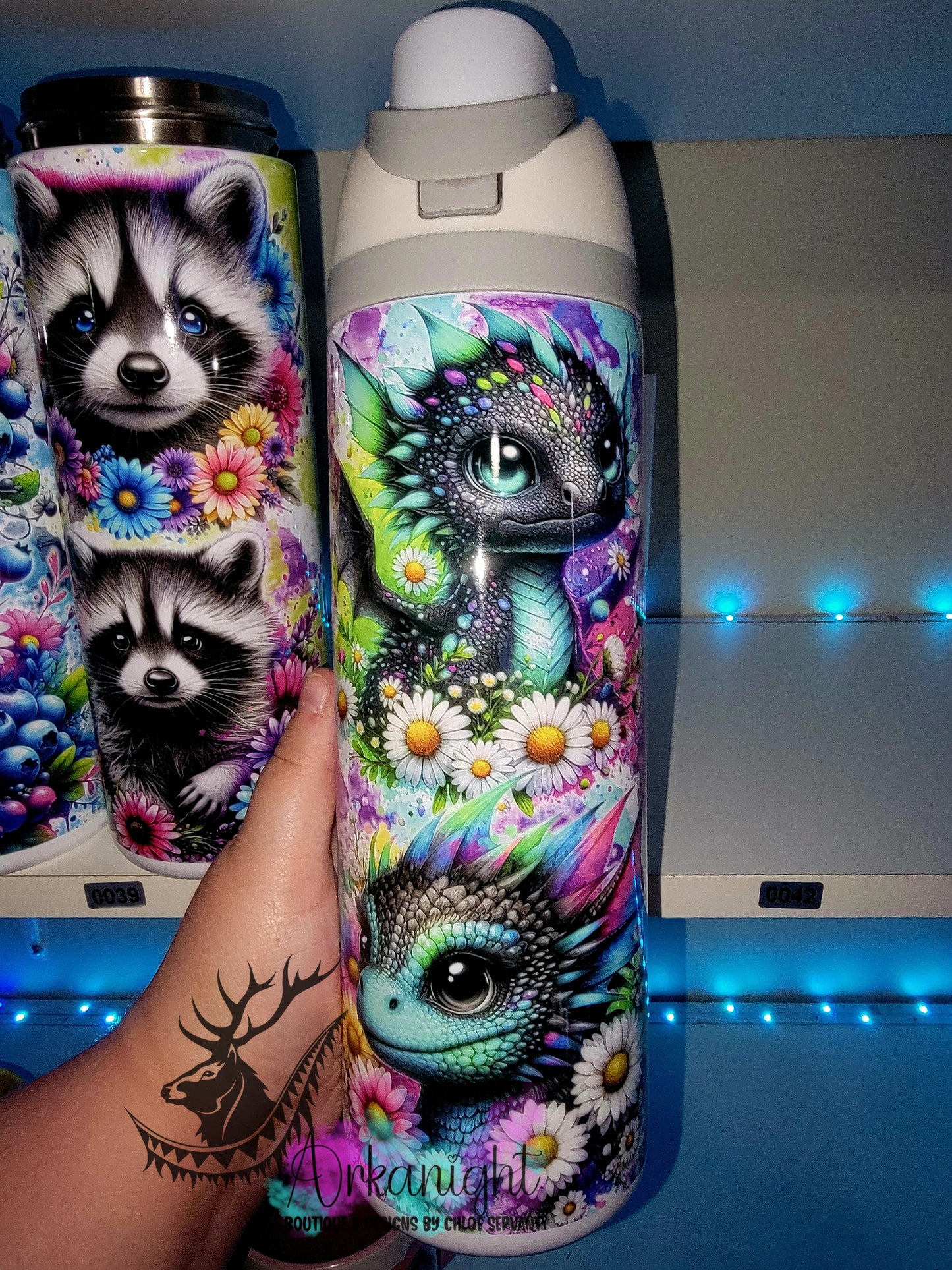 Owala DUPE 24 oz sur commande - Collection Vivid colors & Flowers - Dragon - Noir & Turquoise