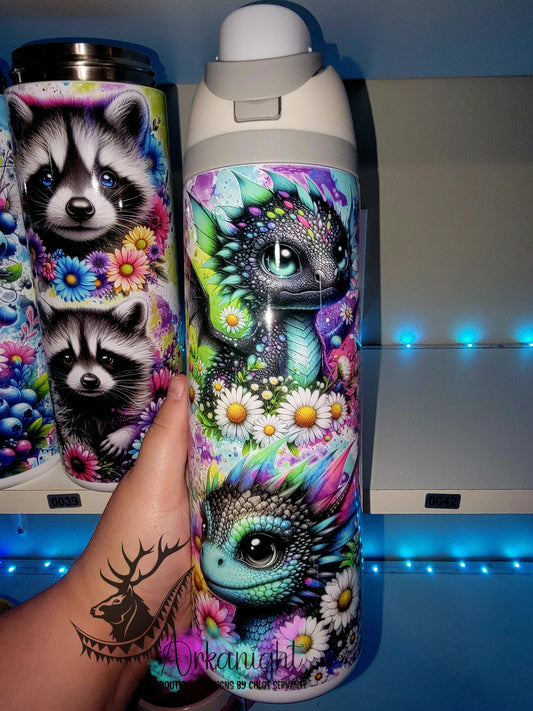 Owala DUPE 24 oz sur commande - Collection Vivid colors & Flowers - Dragon - Noir & Turquoise