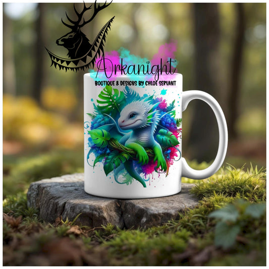 Numérique - Tasse en céramique - Collection Monstera & Animaux - Dragon - Blanc , Turquoise & Vert Flash