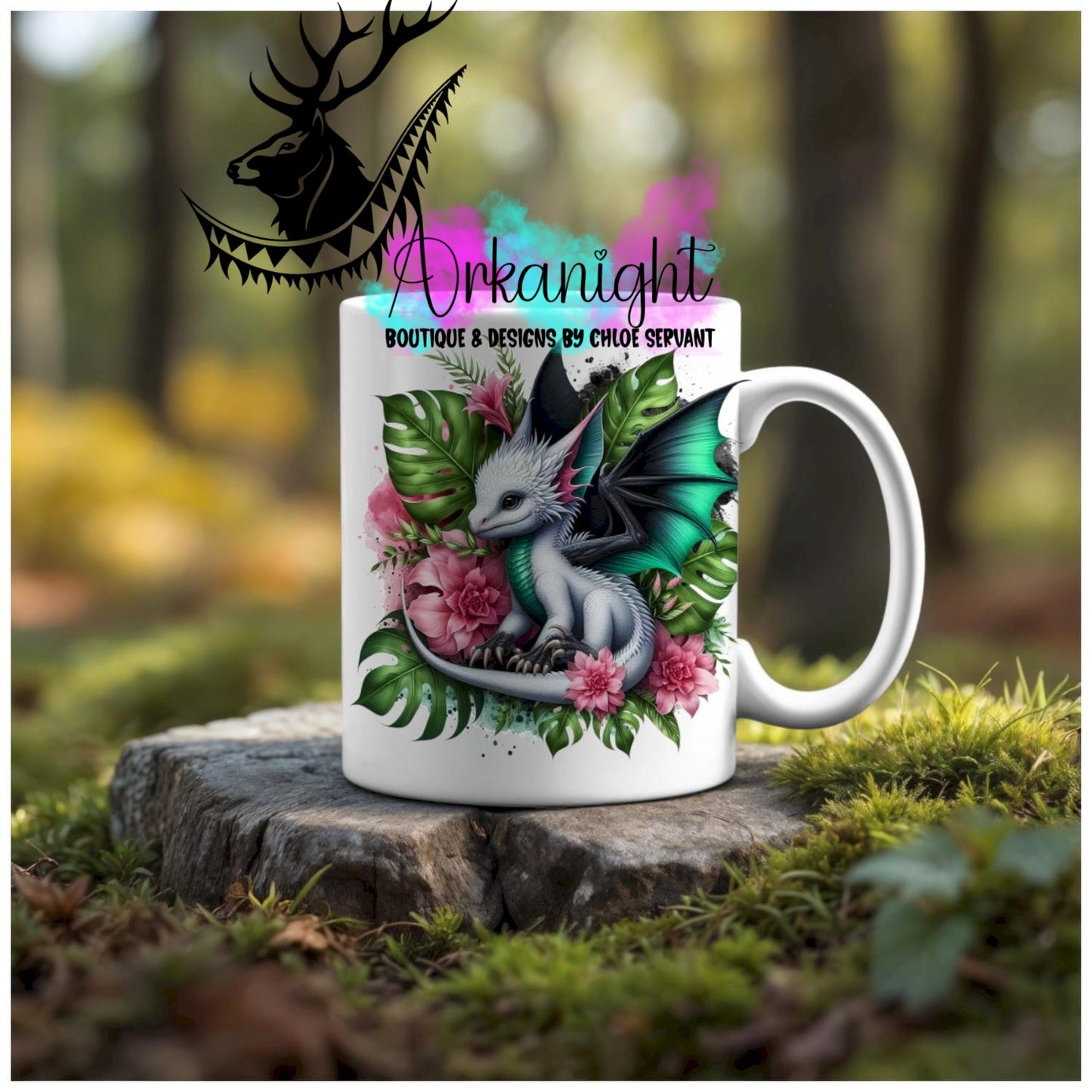 Numérique - Tasse en céramique - Collection Monstera & Animaux - Dragon - Blanc , Noir & Vert Flash