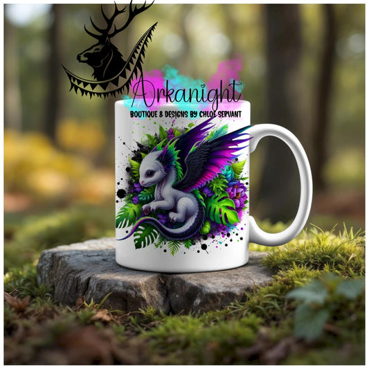 Numérique - Tasse en céramique - Collection Monstera & Animaux - Dragon - Blanc , Noir & Mauve Flash