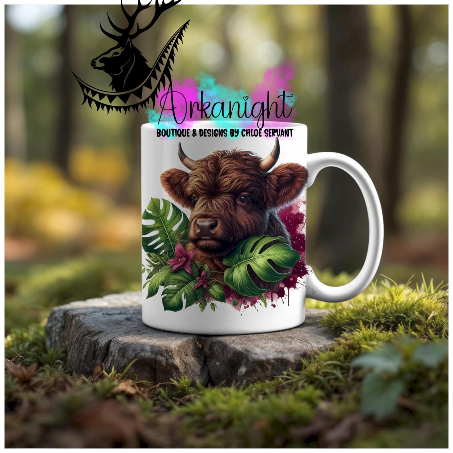 Numérique - Tasse en céramique - Collection Monstera & Animaux - Vache Highland Brune Foncé