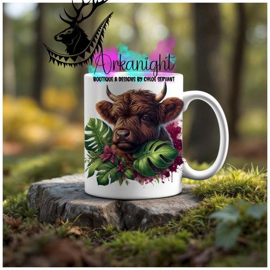 Numérique - Tasse en céramique - Collection Monstera & Animaux - Vache Highland Brune Foncé