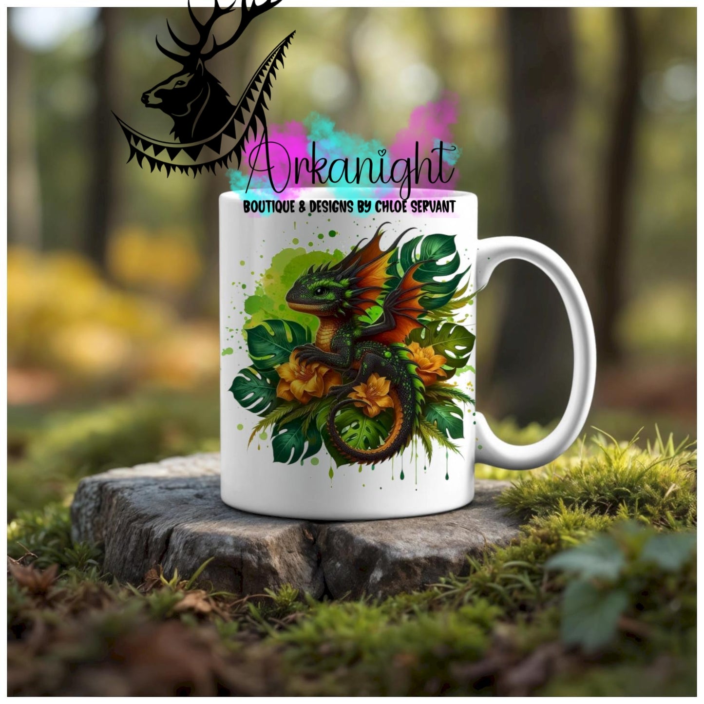 Numérique - Tasse en céramique - Collection Monstera & Animaux - Dragon - Noir , Orange & Vert