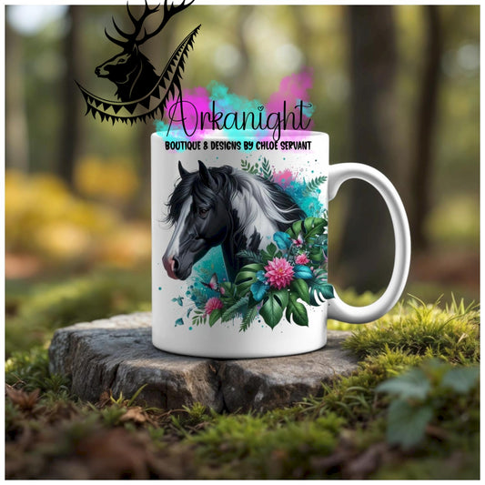 Numérique - Tasse en céramique - Collection Monstera & Animaux - Cheval Paint Horse- Noir & Blanc