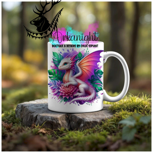 Numérique - Tasse en céramique - Collection Monstera & Animaux - Dragon - Blan, Pêche & Mauve