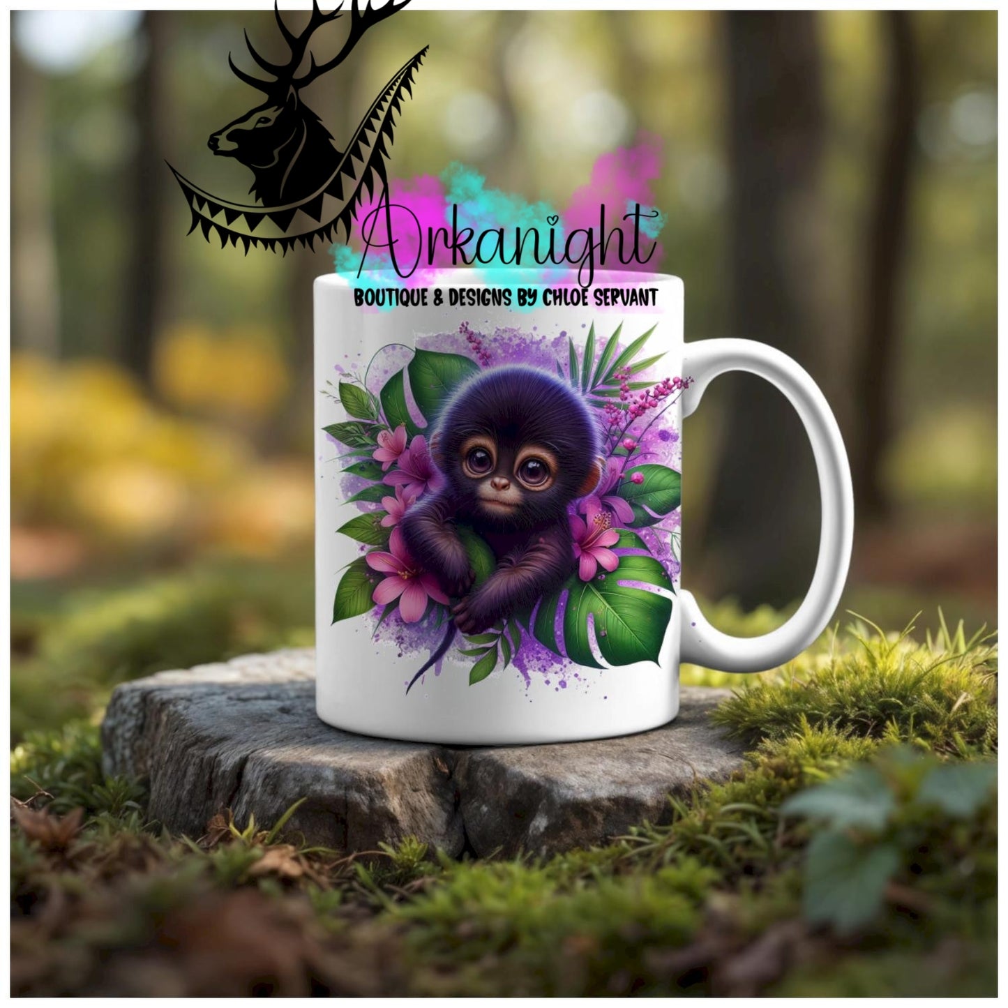 Numérique - Tasse en céramique - Collection Monstera & Animaux - Singe araignée - Mauve