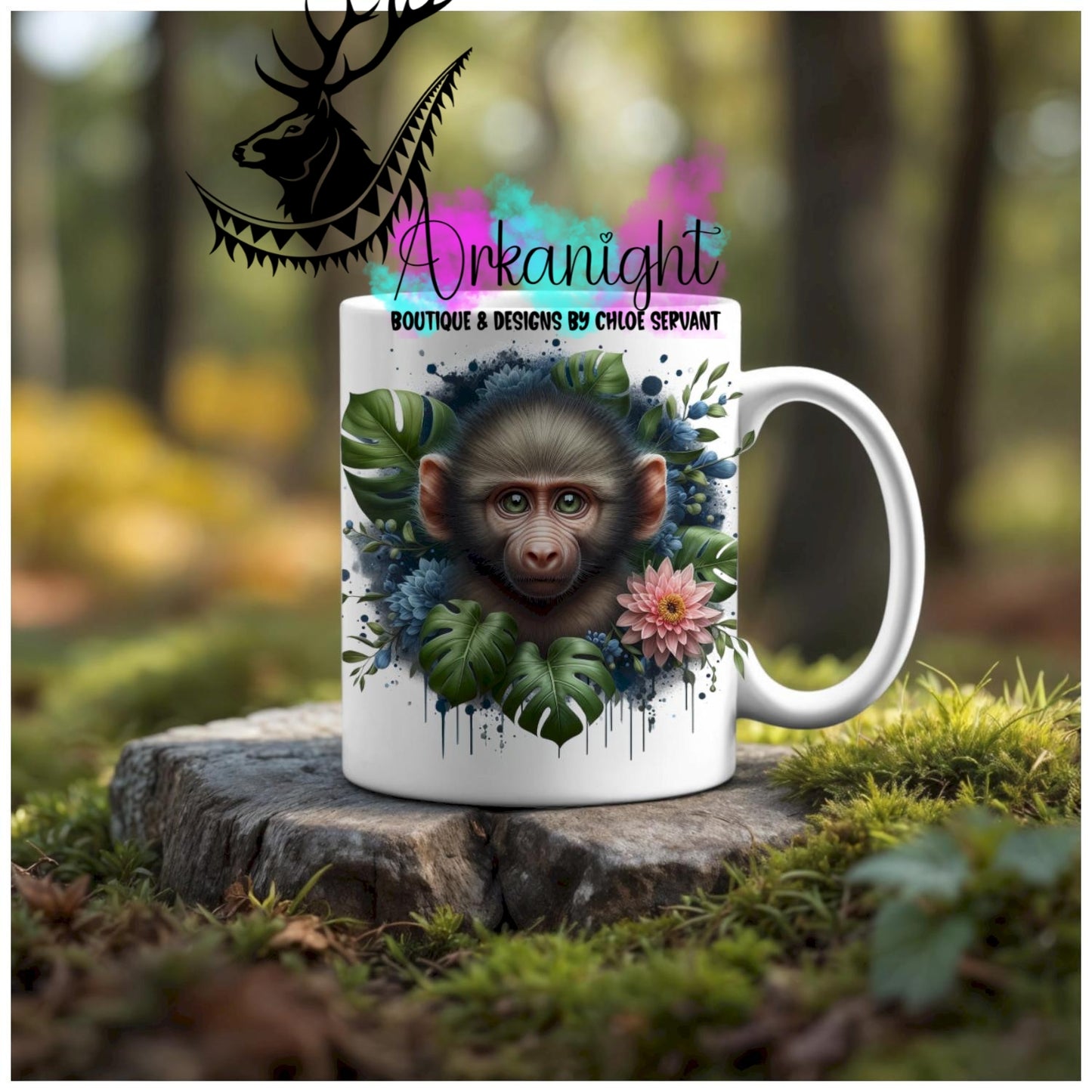Numérique - Tasse en céramique - Collection Monstera & Animaux - Bébé macaque