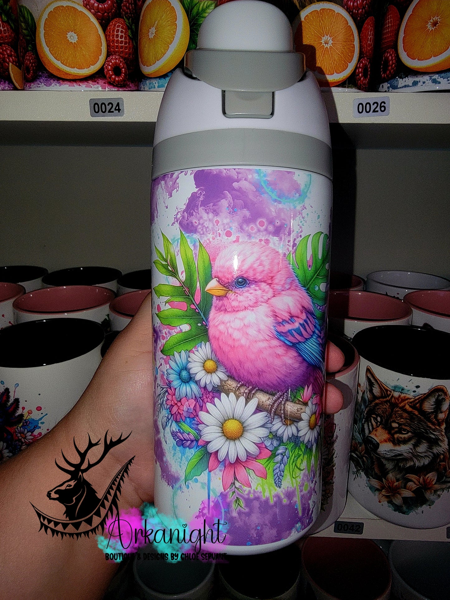 Gourde Owala DUPE 16 oz pour enfant - Sur Commande - Collection Vivid Colors & Flowers - Oiseaux Roses
