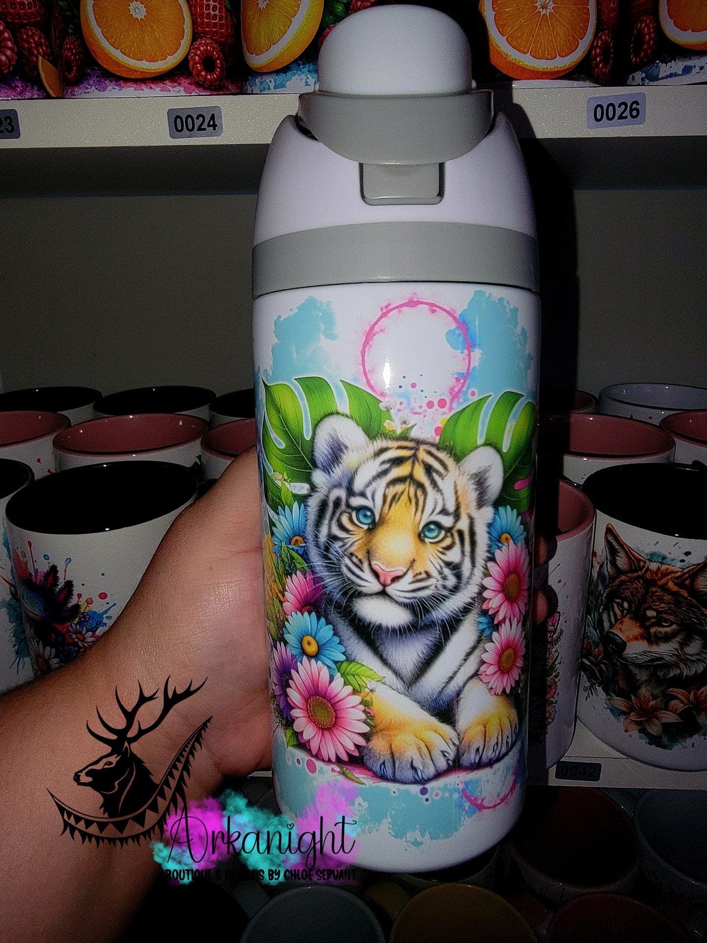 Gourde Owala DUPE 16 oz pour enfant - Sur Commande - Collection Vivid Colors & Flowers - Tigre