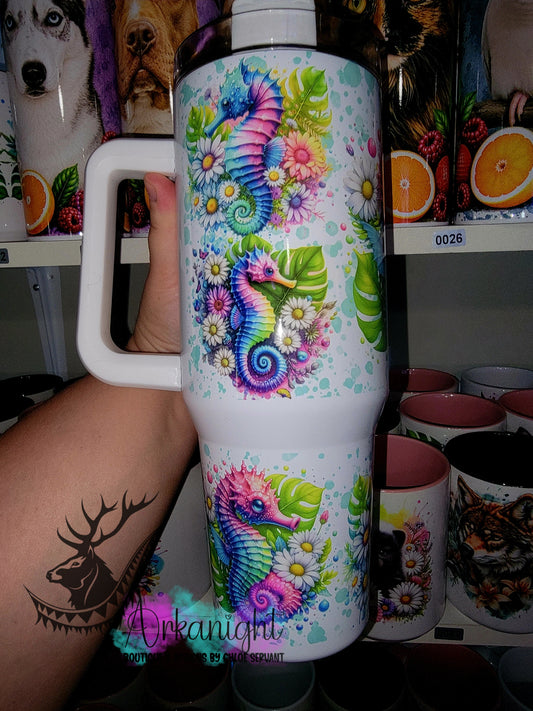 Gourde 40 oz sur commande - Collection Vivid Colors & Flowers - Hippocampes