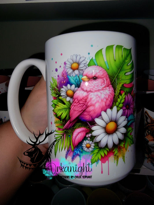 Tasse en céramique sur commande - Collection Vivid Color's & Flower's - Animaux - Oiseaux Rose - 02