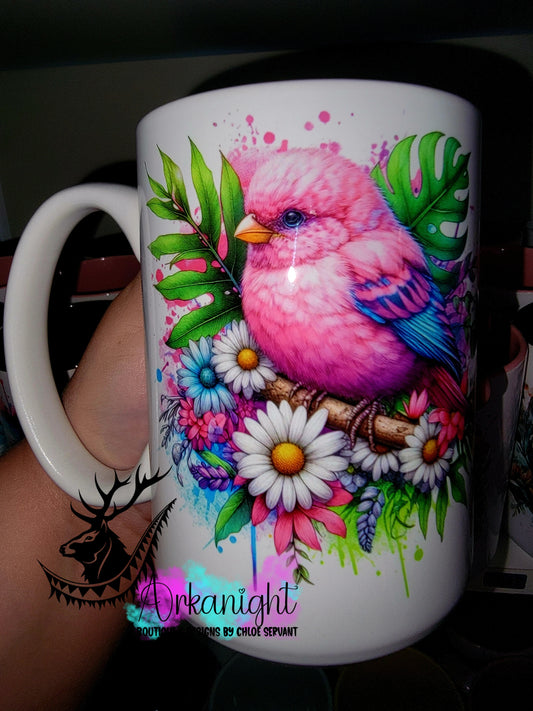 Tasse en céramique sur commande - Collection Vivid Color's & Flower's - Animaux - Oiseaux Rose - 01
