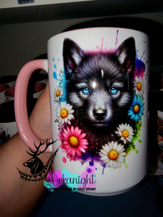 Tasse en céramique sur commande - Collection Vivid Color's & Flower's - Animaux - Louveteau Noir