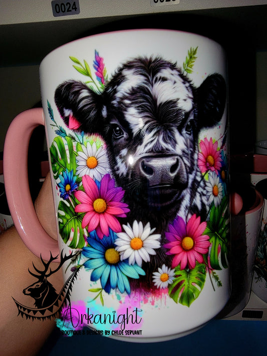 Tasse en céramique sur commande - Collection Vivid Color's & Flower's - Animaux - Vache Highland Noire & blanche