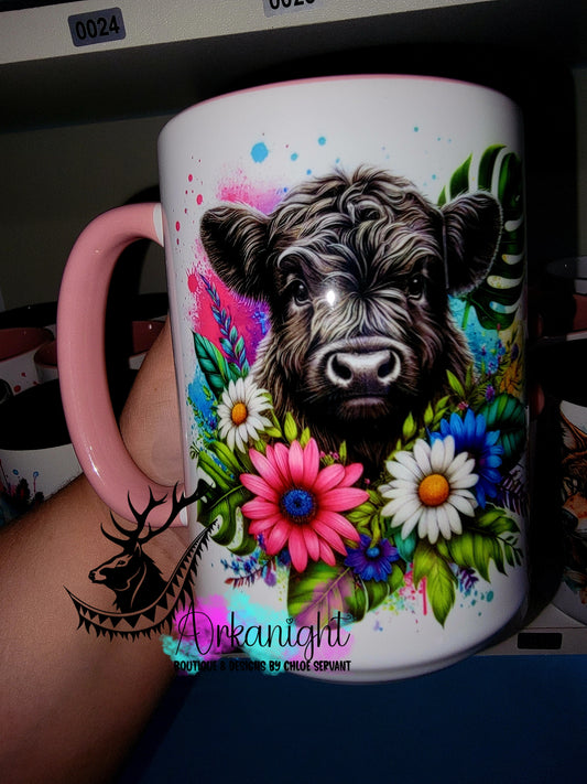 Tasse en céramique sur commande - Collection Vivid Color's & Flower's - Animaux - Vache Highland Noire