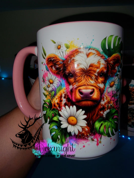 Tasse en céramique sur commande - Collection Vivid Color's & Flower's - Animaux - Vache Highland Rousse & Blanche