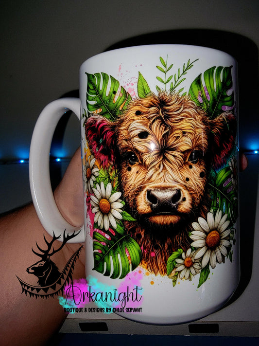 Tasse en céramique sur commande - Collection Vivid Color's & Flower's - Animaux - Vache Highland Tan & Noire