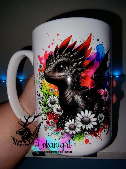 Tasse en céramique sur commande - Collection Vivid Colors & Flowers - Dragon - Noir jais & Rouge Neon