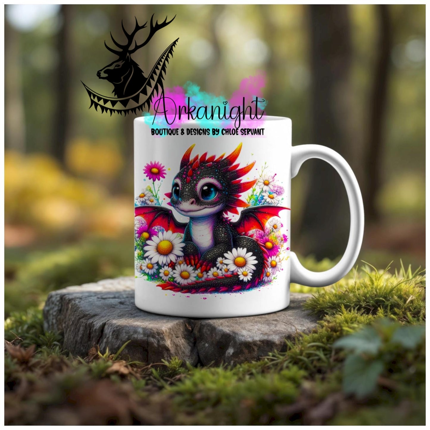 Numérique - Tasse en céramique - Collection Vivid Colors & Flowers - Dragon - Noir , Blanc & Rouge