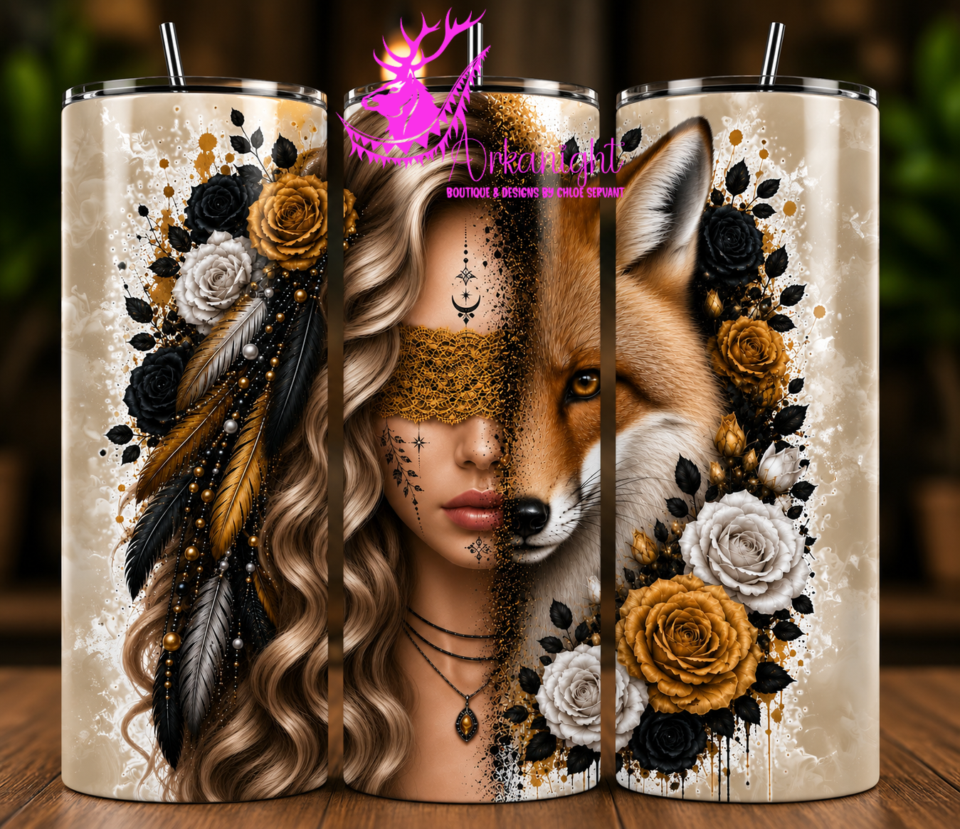 Gourde sur commande - Collection Boho 2026 - Mi-Femme ♡ Mi-Animaux - Renard - Blonde Bouclée