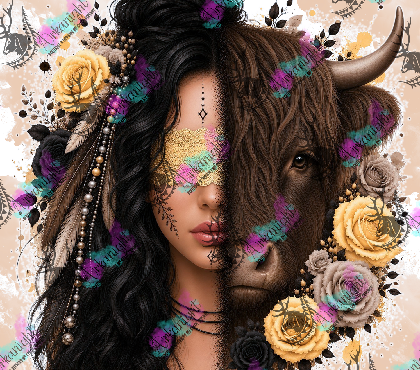 Numérique - Collection Boho 2026 -  Mi-Femme ♡ Mi-Animaux - Vache Highland Brune - Noire