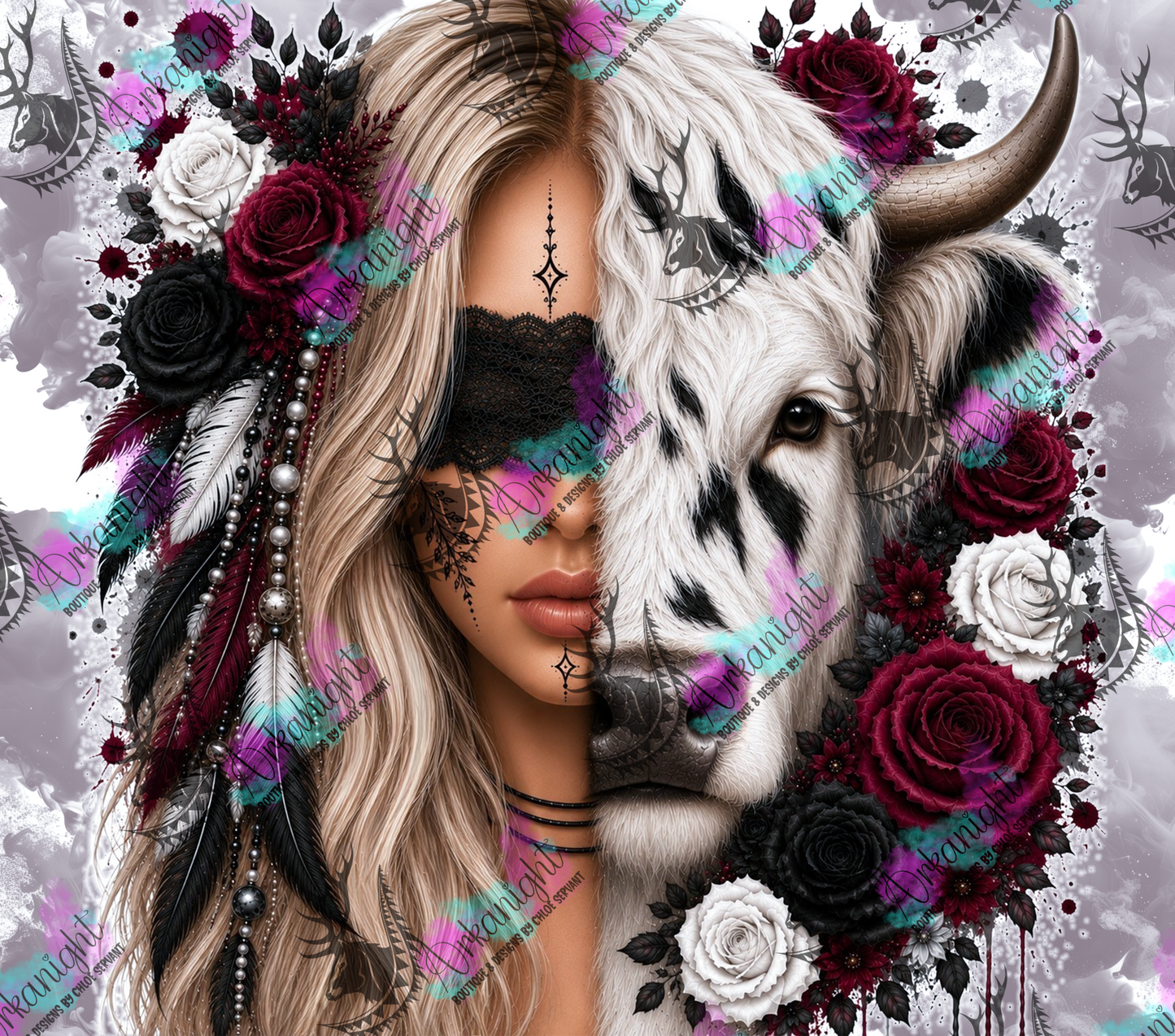 Numérique - Collection Boho 2026 -  Mi-Femme ♡ Mi-Animaux - Vache Highland Blanche & Noire - Blonde