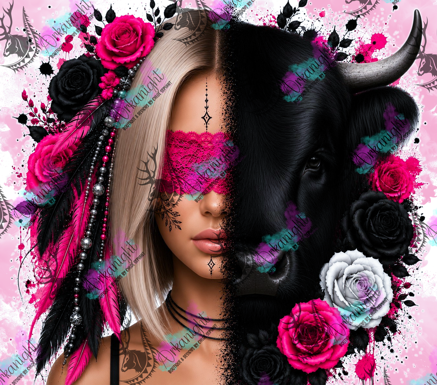 Numérique - Collection Boho 2026 -  Mi-Femme ♡ Mi-Animaux - Vache Highland Noire - Blonde