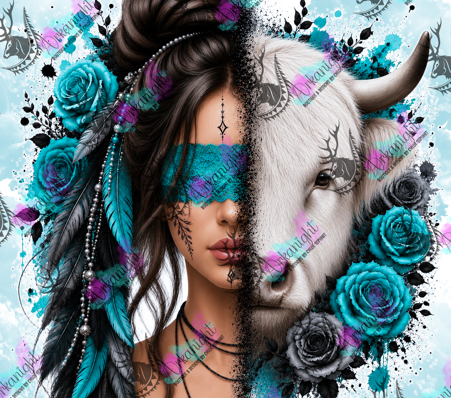 Numérique - Collection Boho 2026 -  Mi-Femme ♡ Mi-Animaux - Vache Highland Blanche - Brune