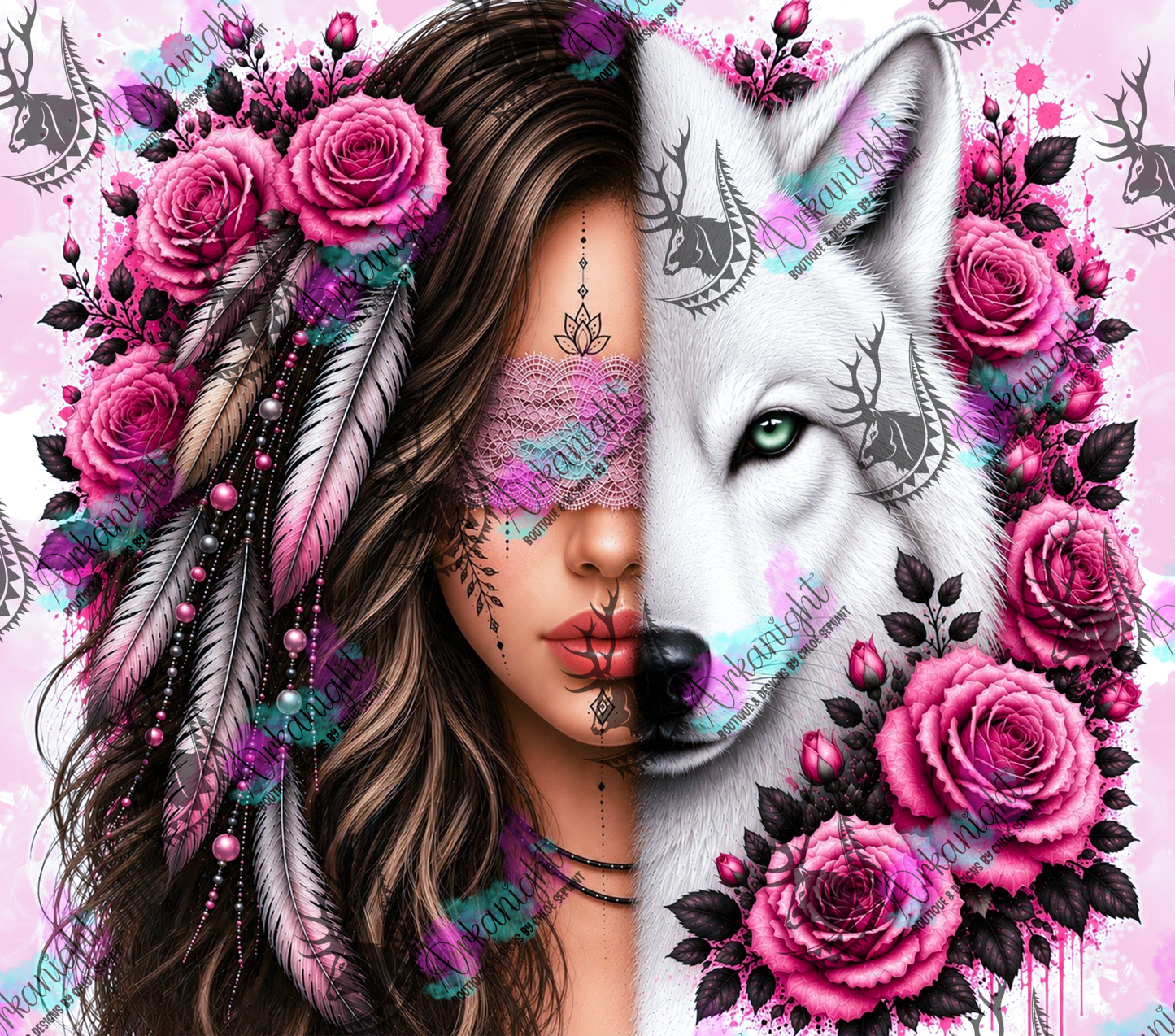 Numérique - Collection Boho 2026 -  Mi-Femme ♡ Mi-Animaux - Loup Blanc - Brune