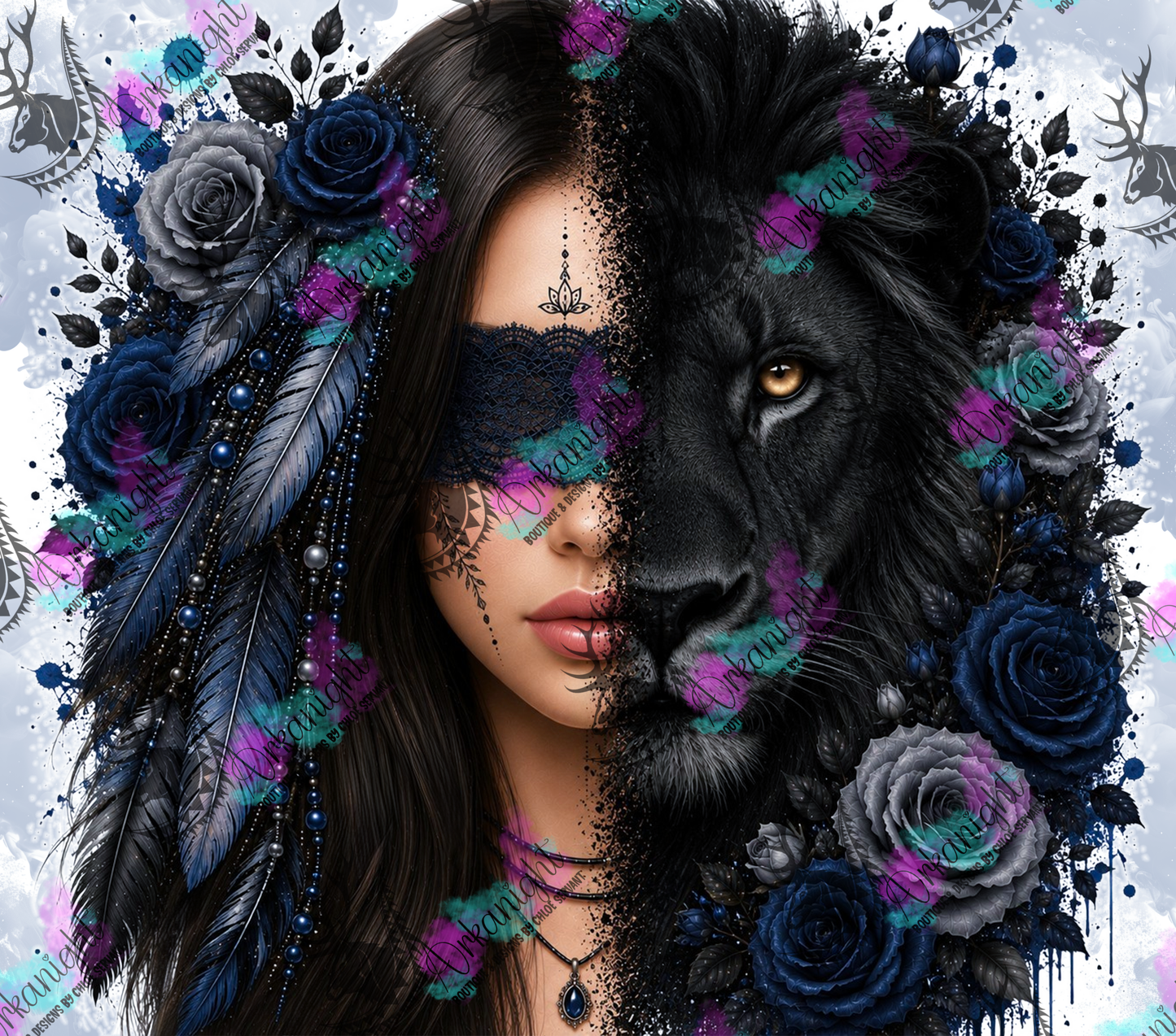 Numérique - Collection Boho 2026 -  Mi-Femme ♡ Mi-Animaux - Lion Noir - Noire