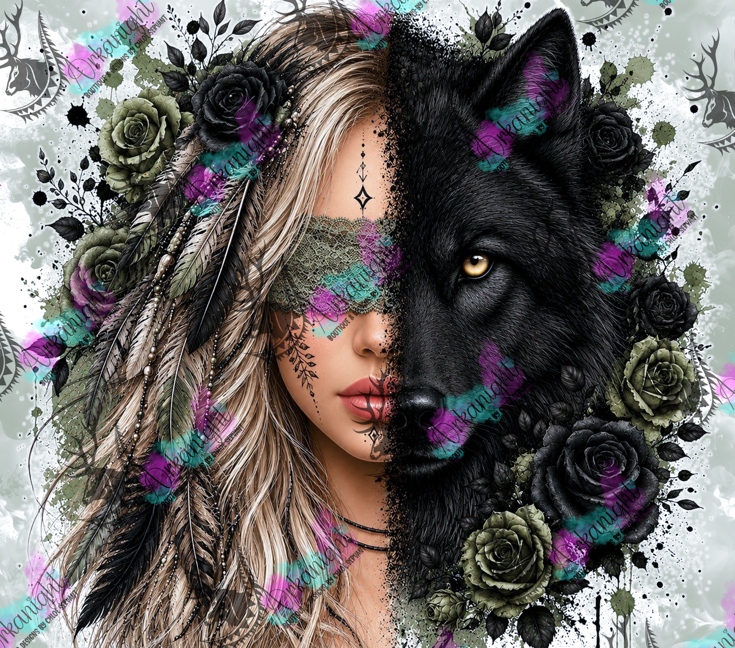 Numérique - Collection Boho 2026 -  Mi-Femme ♡ Mi-Animaux - Loup Noir - Blonde