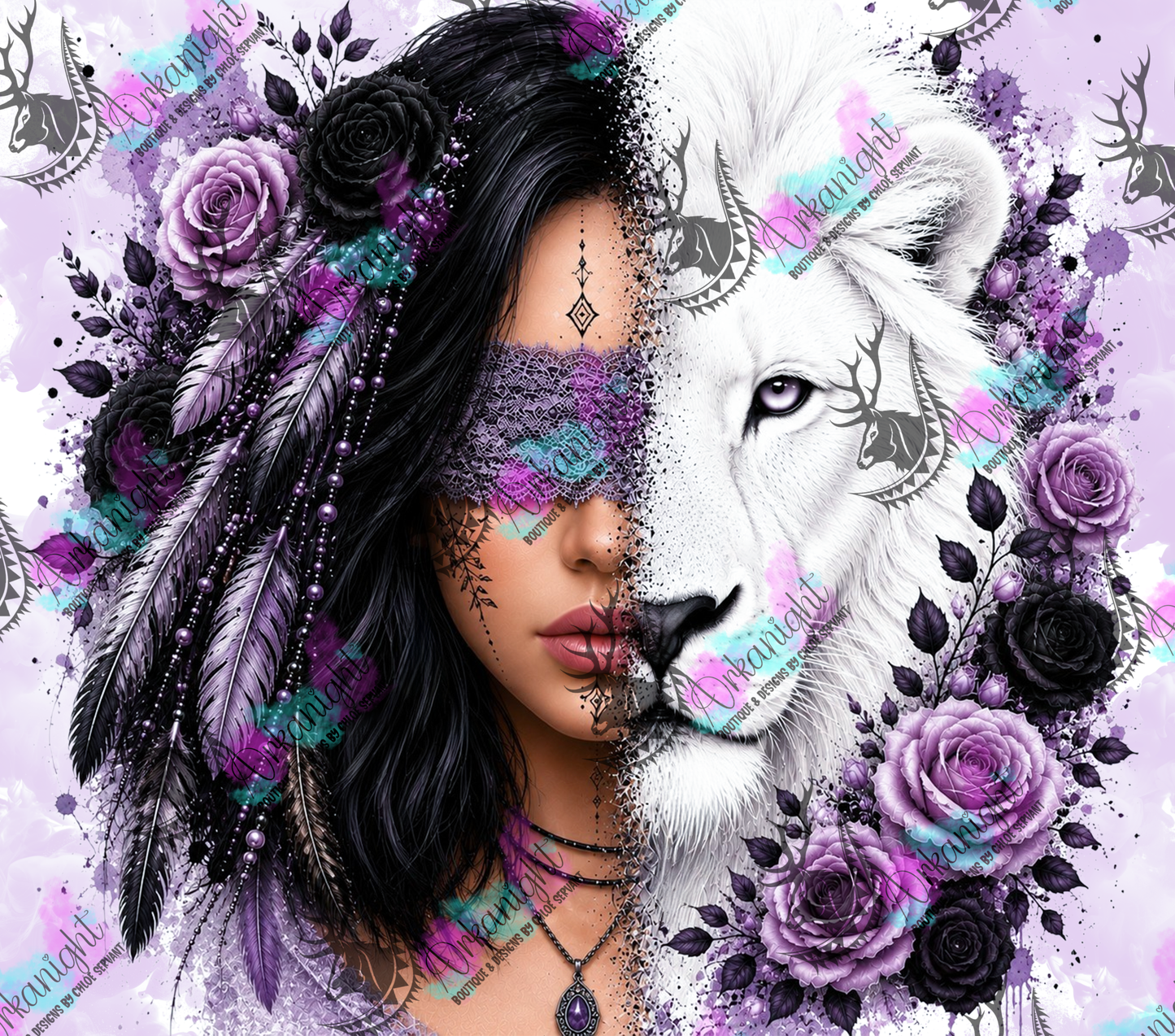 Numérique - Collection Boho 2026 -  Mi-Femme ♡ Mi-Animaux - Lion Blanc - Noire